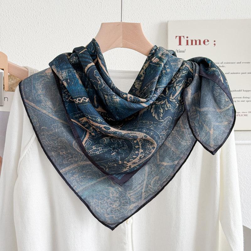 Dunhuang purple cashew flower silk scarf 71, imitation silk small square scarf for women, Spring and Autumn ethnic style headscarf, neck guard