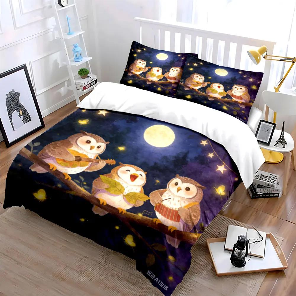 Owls Musical Trio Art 3PCMultiple Sizes Kid's and Adults' Bedroom Exquisite 3PC Bedding Set Gift