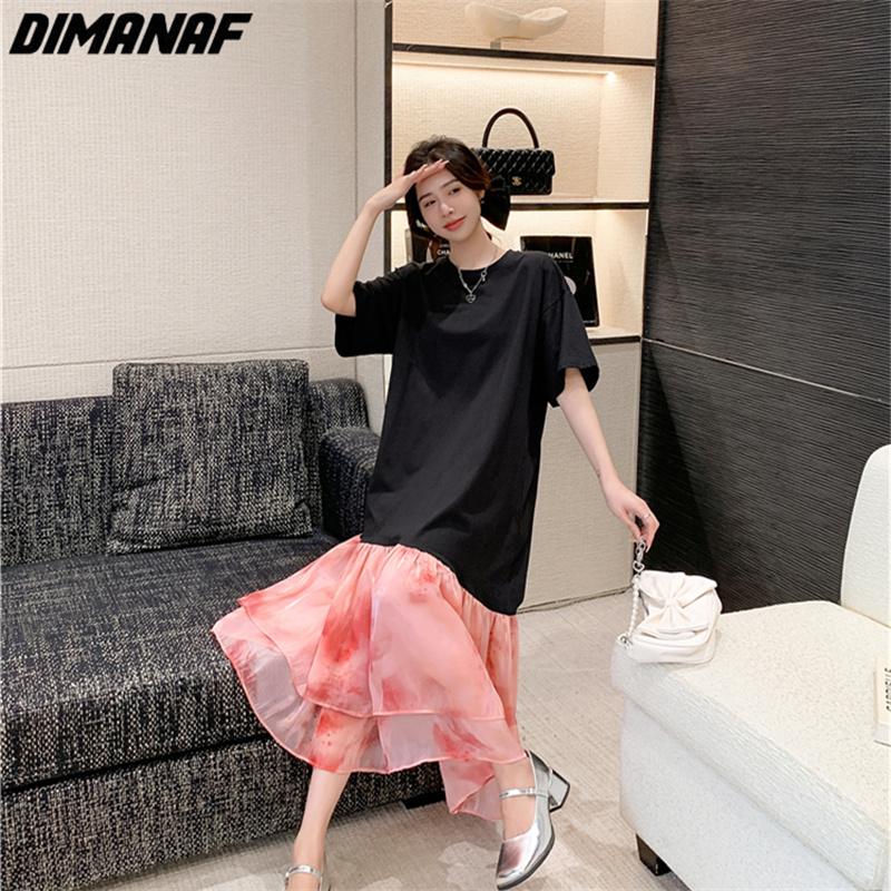 Dimanaf 2023 Plus Size Summer T-Shirt Dress Women Cotton Loose Dress Beach Mesh Female Dresses O-Neck Pink