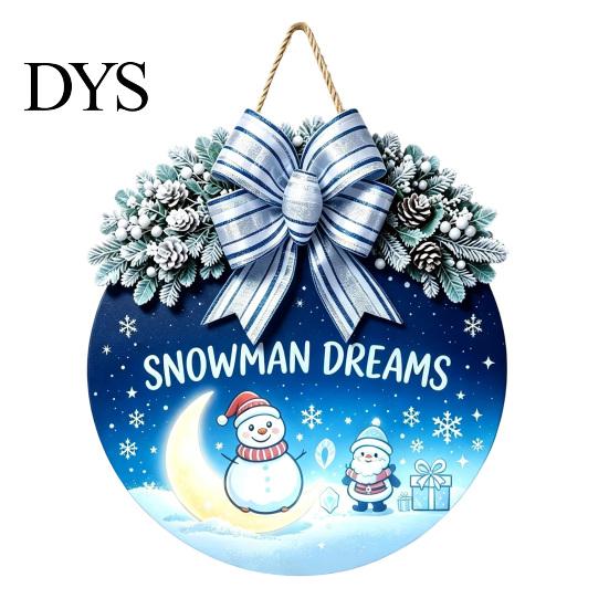 Winter Atmosphere Decor Christmas Wooden Welcome Sign for Front Door, Round Hanging Ornament with Santa Claus Snowman Art Artificial Pine Branches