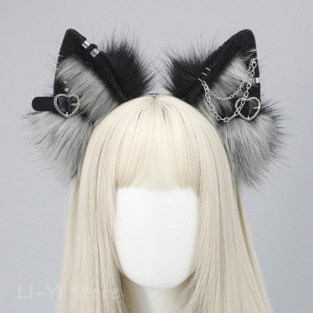 Yiran Sexy Lingerie Women's 3 Colors Punk Cat Ears Metal Heart Pu Straps Animal Beast Ear Hair Hoops Jk Lolita Cosplay Headwear Wolf Fox Headband Cm