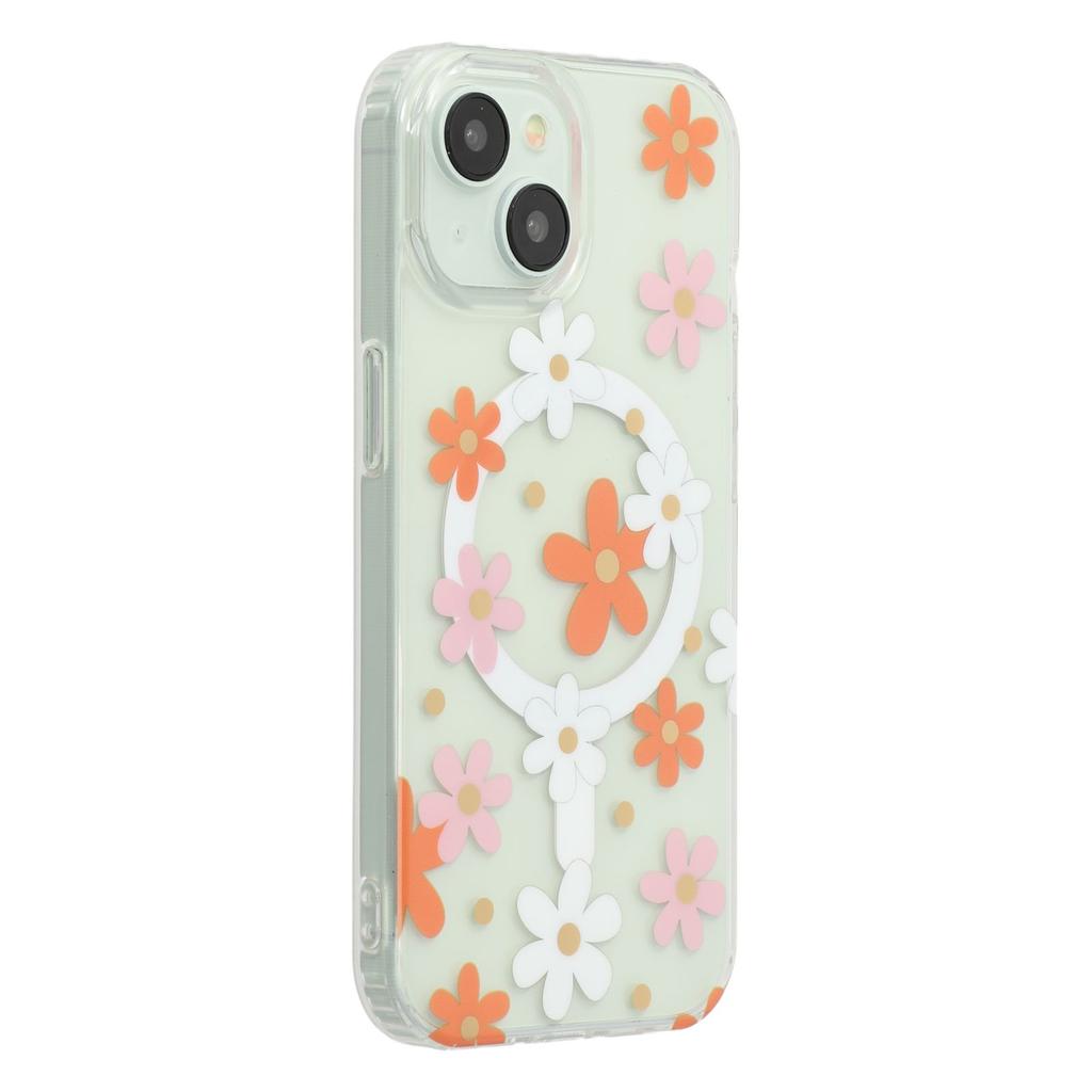 For iPhone 15 Magnetic Case IMD Flower Pattern TPU+PC Clear Back Phone Cover