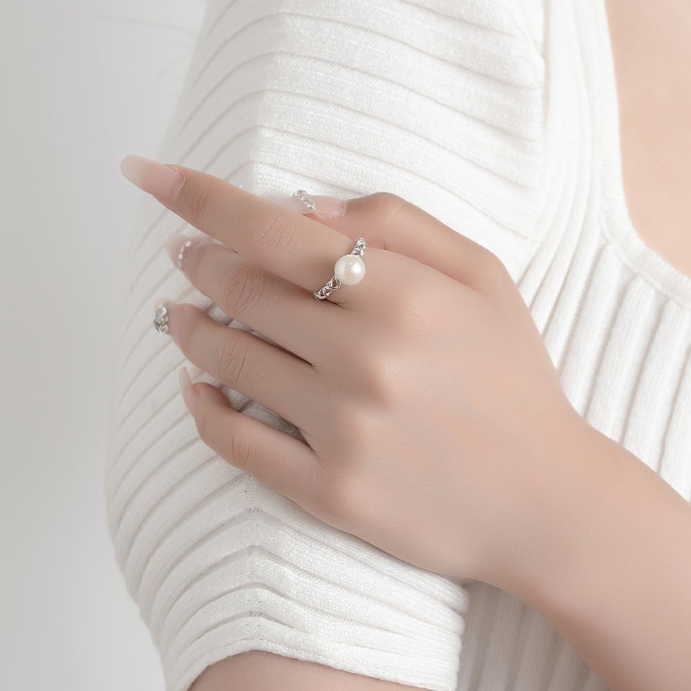 JDE Women's 6mm Genuine Pearl Ring, Adjustable, One Size Fits Most, Hypoallergenic, 925 Sterling Silver, Made In Japan (White Gold)