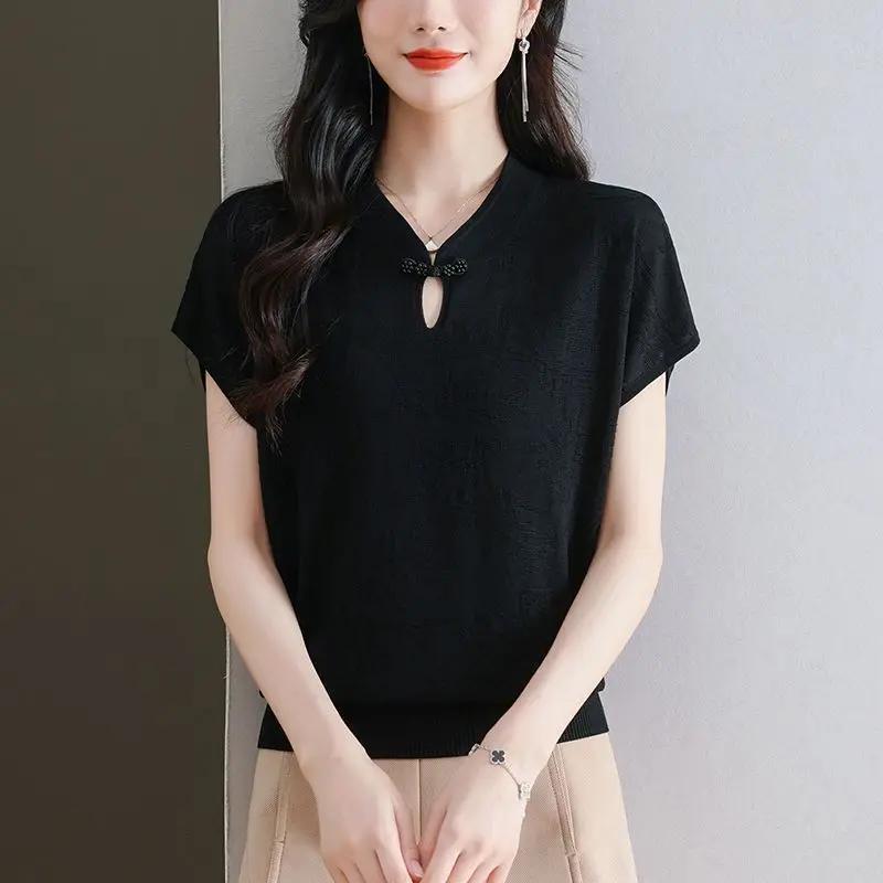 Summer Chinese Style Knit Top Women's Short Sleeve Jacquard Button Decor Blouse