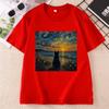 Summer Black Cat Graphic T Shirts Retro Ocean Sunset Cat Tee Van Gogh Cat Lovers Tshirt Unisex Unisex Causal Crewneck Tshirts