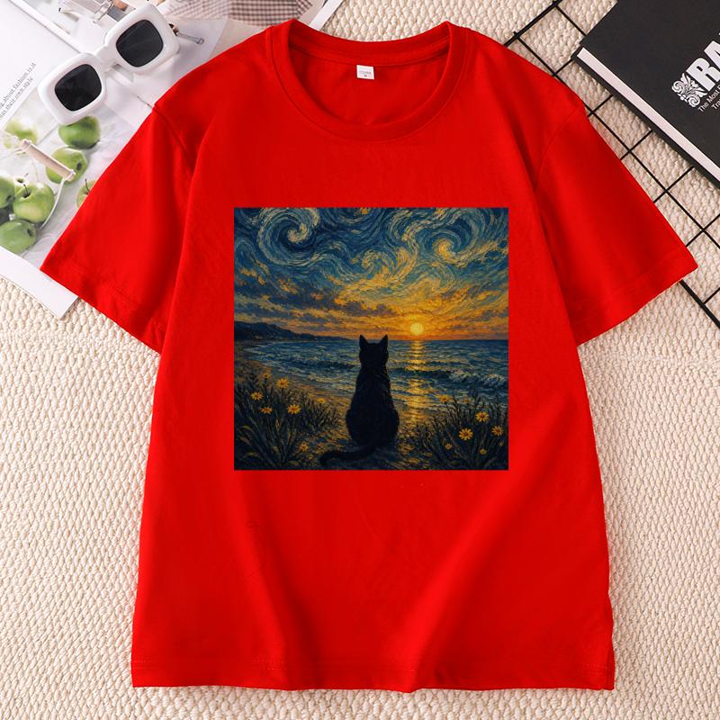 Summer Black Cat Graphic T Shirts Retro Ocean Sunset Cat Tee Van Gogh Cat Lovers Tshirt Unisex Unisex Causal Crewneck Tshirts