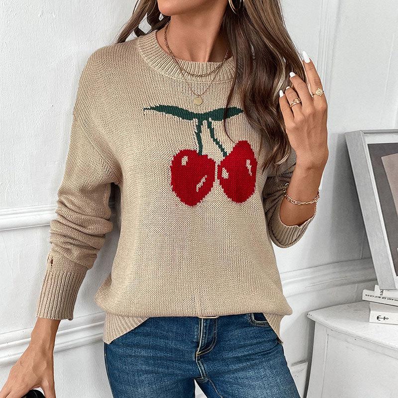 Autumn Winter Round Neck Cherry Jacquard Loose Casual Pullover Sweater Women Sweet Knitting Bottomed Top