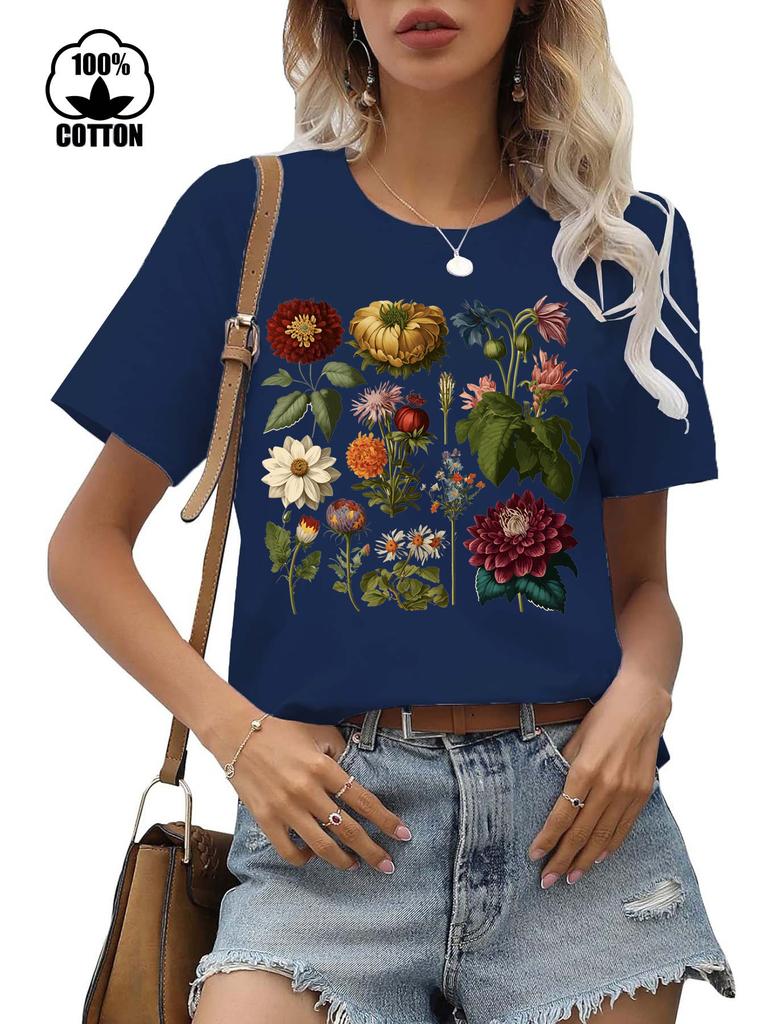Floral Print Casual T-shirt 100% Polyester Short Sleeve round Neck Women's Graphic Top Aesthetic Summer Fashion