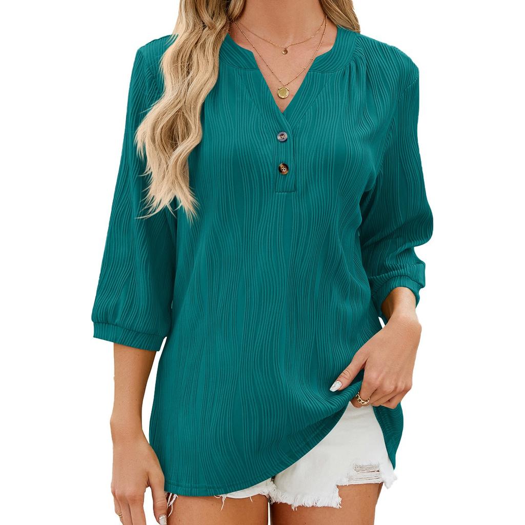 Spring Summer New Women's Solid Color V-Neck Loose Buttoned Half Sleeve T-Shirt Top Leisure Trade Europe America