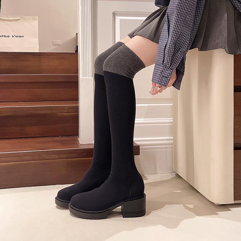 Foreign trade new spring and autumn elastic thin boots over the knee long boots women s elastic boots thick heel knitted socks boots are thin and ver 35 3513₽
