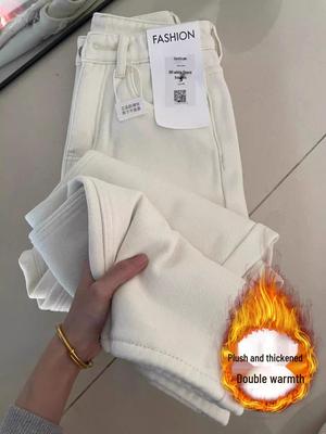 White Velvet High-Waist Slimming Straight-Leg Jeans for Women - Autumn & Winter Casual Versatile Wide-Leg Design