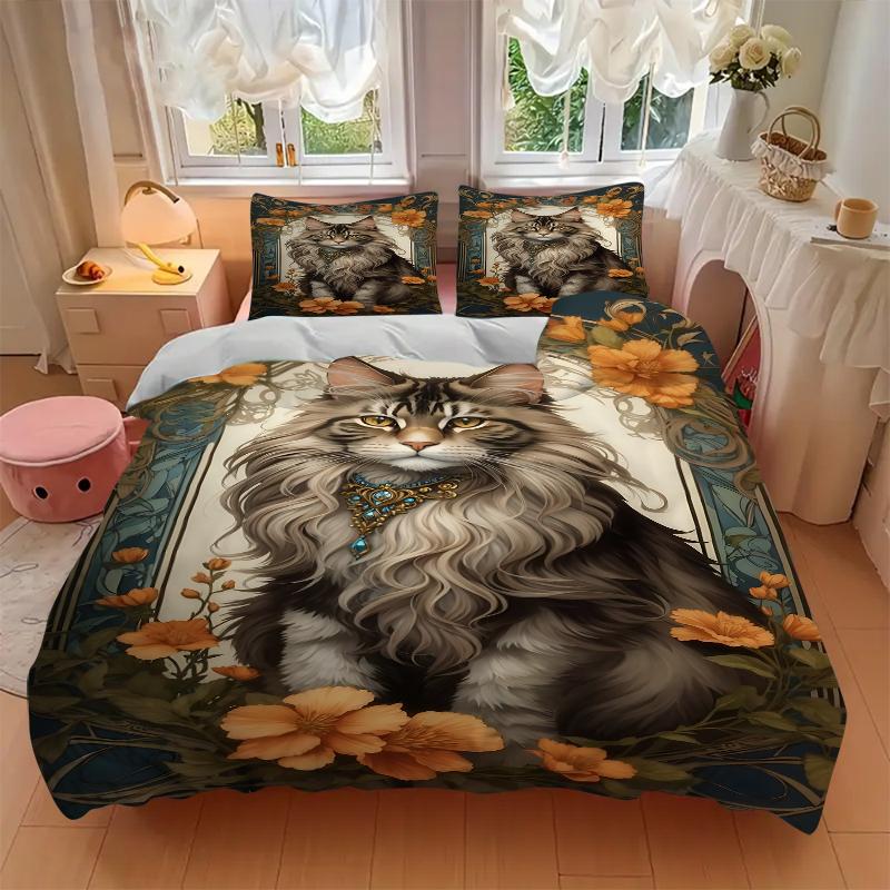 3Pcs Maine Coon Cat Portrait Bedding Set Soft Fabric Duvet Cover Pillowcases Home Christmas Xmas Halloween Gift 1 Duvet Cover 2 Pillowcase G1242