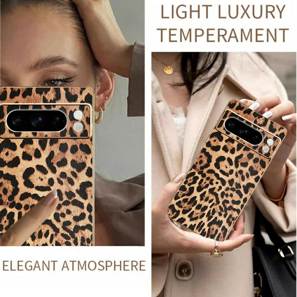 For Google Pixel 8 Pro Case Leopard Print PU Leather Coated PC+TPU Electroplating Phone Cover