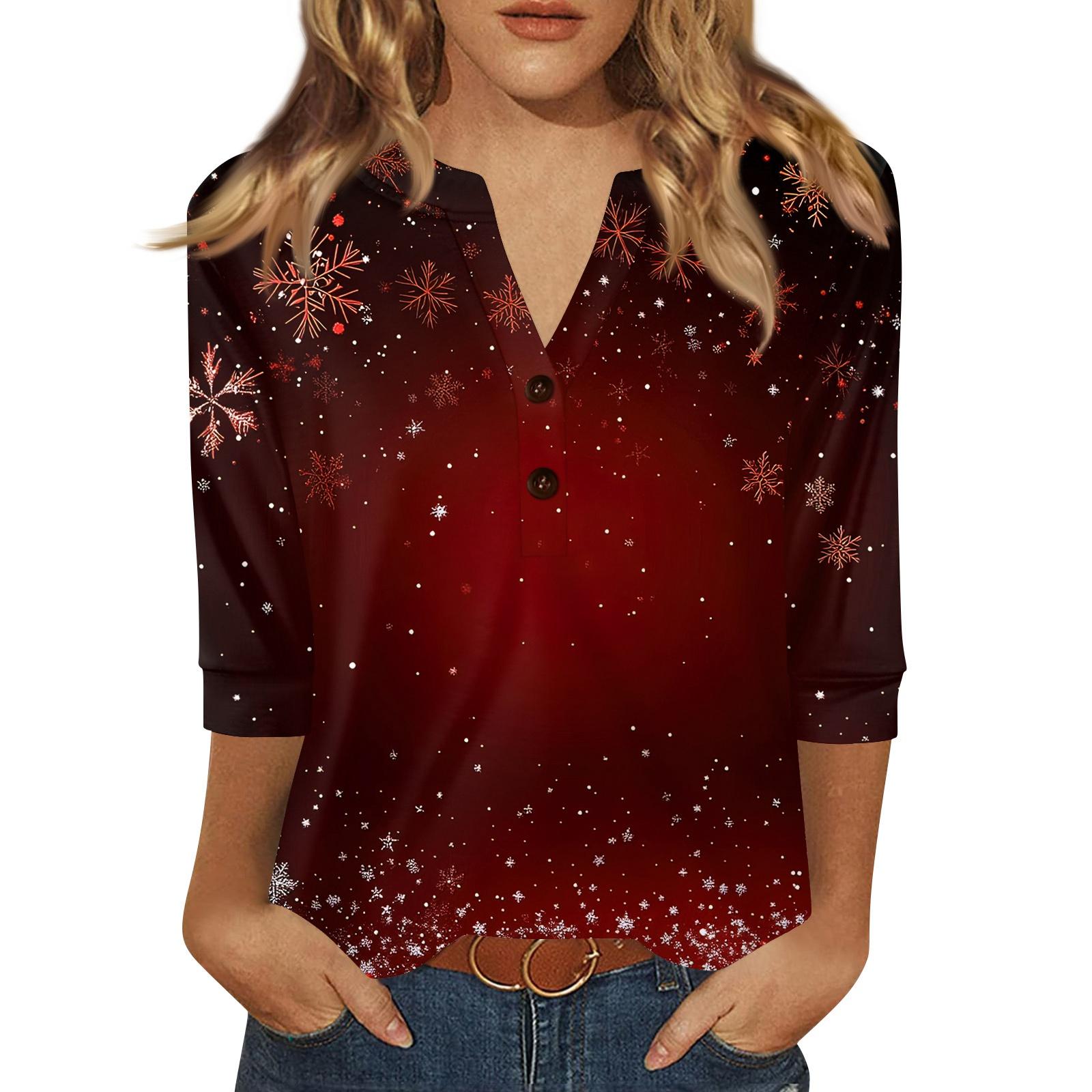 

Женская футболка с рождественским принтом, на пуговицах, рукав 3/4, повседневная, выходного дня, модная, базовая, с V-образным вырезом, стандартный топ L