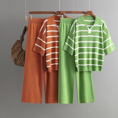 Fall Winter Lazy Wind Loose High Collar Pulllover Sweater Suit Women's Stripe Color Half Sleeve Knit Wide Leg Pants Two Piece Set