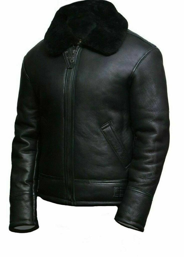 Mens Lambskin BLACK Leather Jacket, Handmade Shearling faux FUR Collar Leather Jacket With Zipper, Celebrity Sheep Leather Jacket Black