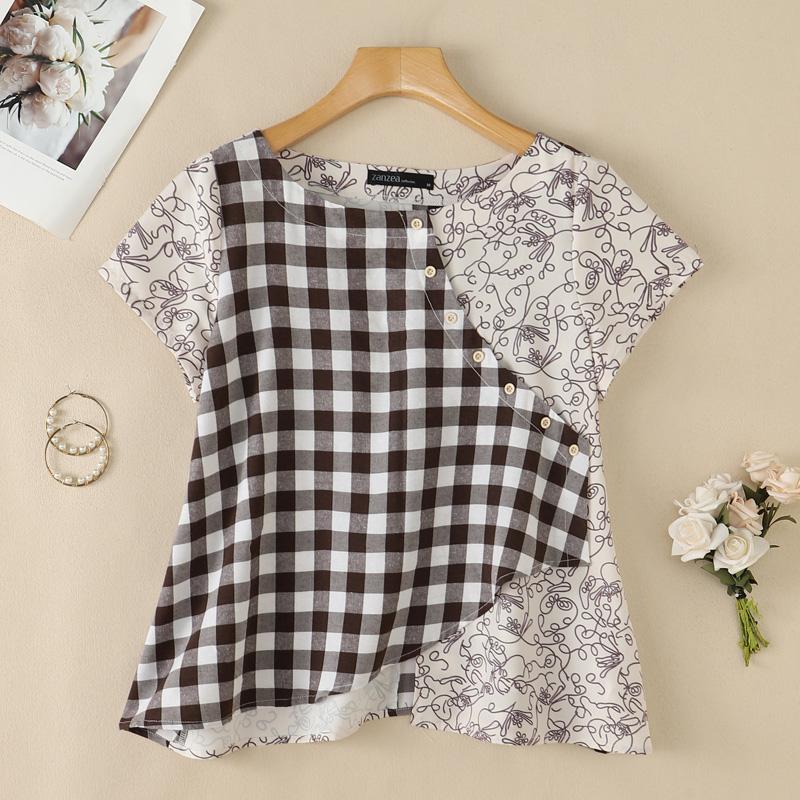ZANZEA Women Casual Round Neck Summer Short Sleeve Print Blouse