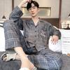 Spring Cotton Plaid Pajama Set for Men Long Sleeve Cardigan Trousers Homewear Loungewear Homme