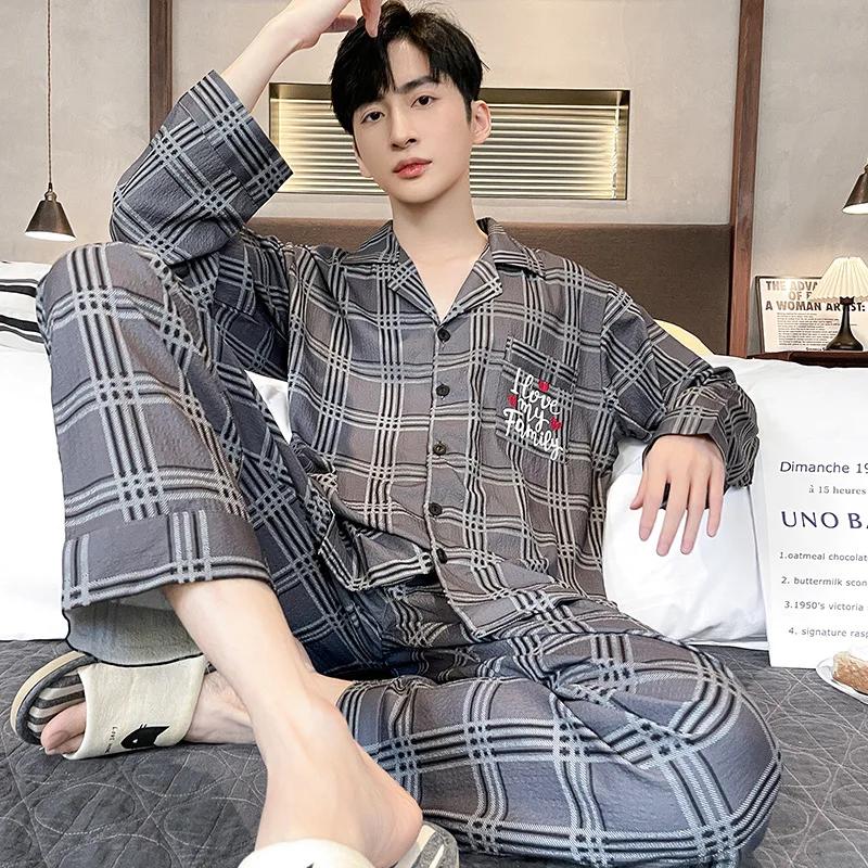 Plaid Style Men's Pajamas Set Spring Cotton Male Pajamas Sets Young Boy Sleepwear Long Sleep Tops + Pant 2pcs/set Pjs