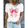 European Size Women's Casual Short Sleeve T-Shirt with Elegant Pink Bow Graphic Print - Breathable Round Neck Top, Semi-Sheer