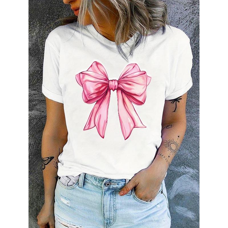 European Size Women's Casual Short Sleeve T-Shirt with Elegant Pink Bow Graphic Print - Breathable Round Neck Top, Semi-Sheer