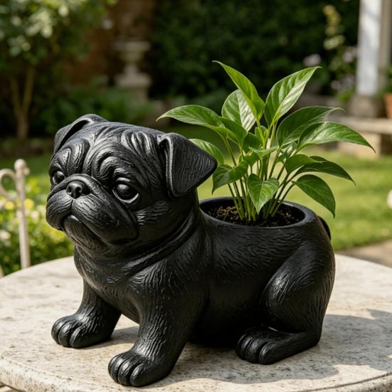 3D Printed Pug Figurine Planter, Realistic Dog Statue with Back Planting Slot, Matte Black Decor for Succulents Mini Plants Herbs, Multi-use Storage
