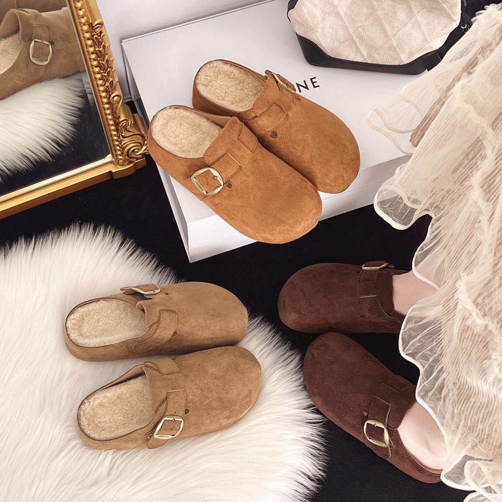 Thick bottom inner height increase velvet bag head Birken slippers women's 2025 new autumn and winter retro one-pedal Birken slippers