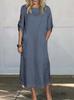 Women's Round Neck Three Quarter Sleeve Maxi Dress Loose Fit Relaxed Waist Casual Solid Color Linen Cotton A Line Pocket Summer Dress
