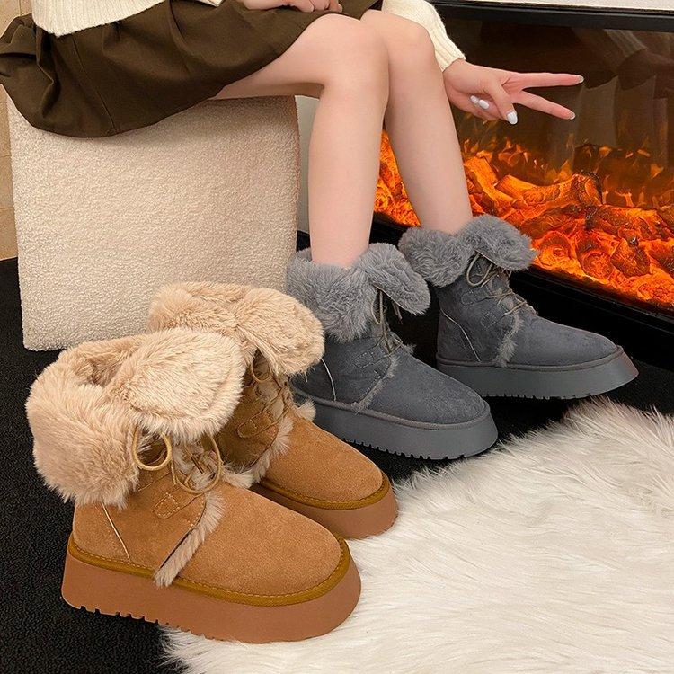 Cowhide version snow boots women's 2025 winter new fluffy boots thickened snow cotton thick-soled velvet thermal cotton shoes