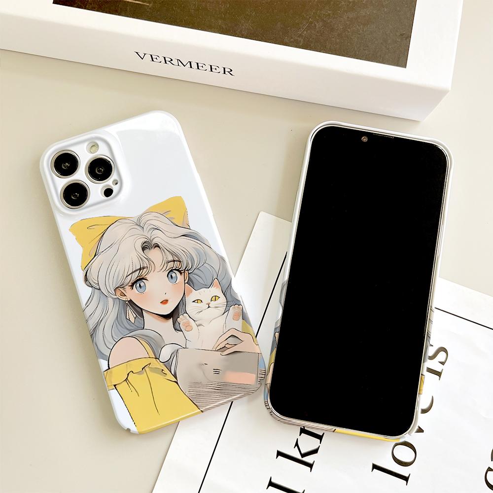 For iPhone 16 15 Samsung S23 S22 A13 A23 A52 A33 Huawei Honor Xiaomi Redmi OPPO Vivo Cat and Bow Girl Design Full Camera Protection Hard Phone Case