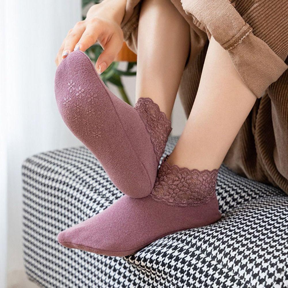 10Pairs Thicken Lace Socks Solid Color Home Slippers Fashion Winter Floor Shoes  Student