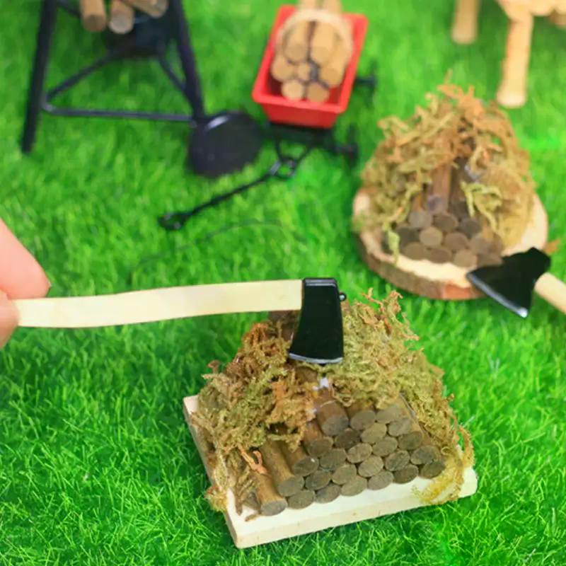 1 Set Mini Axe Firewood Pile Model Kids Pretend Toys DIY Dollhouse Kitchen Toy Miniature Outdoor Garden Scene Decor