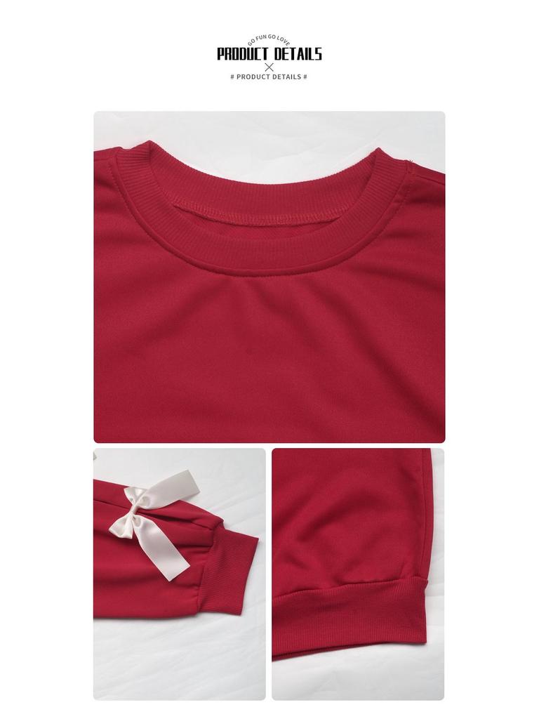Women's Red Christmas Bow Sweatshirt: Sweet Style, Round Neck, Autumn/Winter