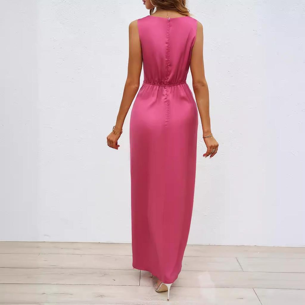 2026 summer European and American women's clothing elegant kinked sleeveless V-neck split-ended slim temperament dress women