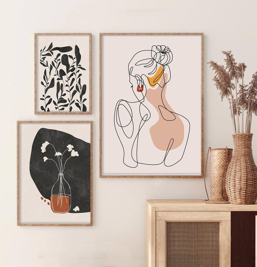 Boho Botanical Leaf Poster Flower Vase Woman Line Art Print Abstract Canvas Painting Modern Wall Picture Living Room Home Decor
