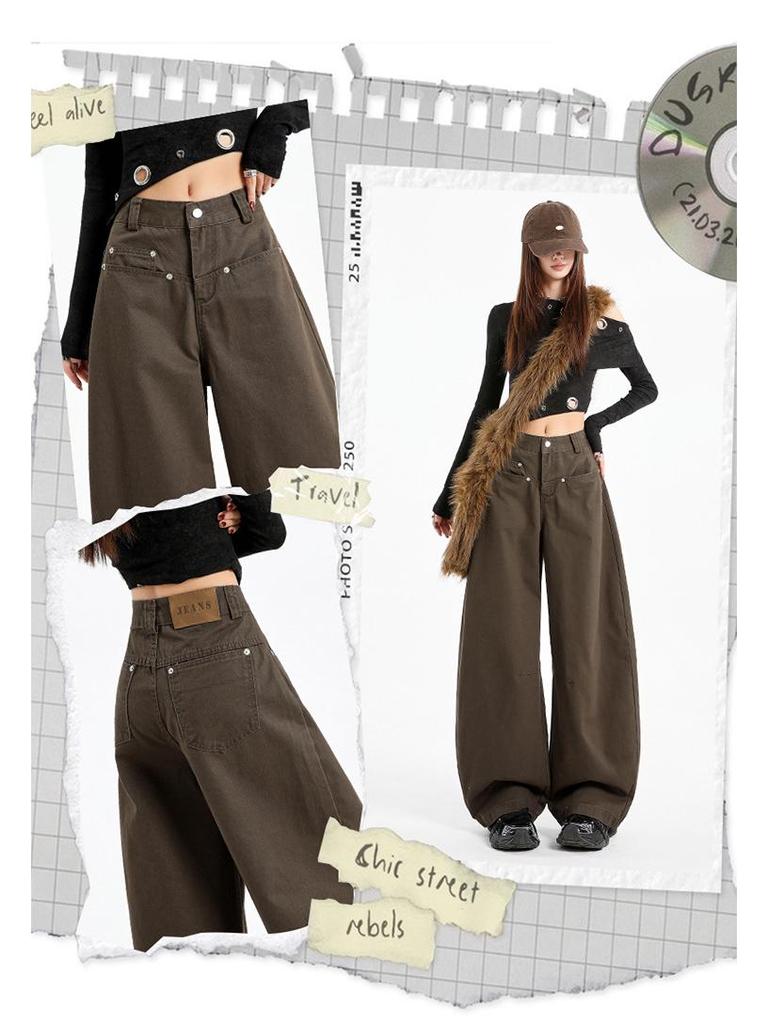 Women's Coffee Wide-Leg Jeans: Curved Cut, 2025 Fall/Winter, Loose, Slimming, Versatile, Floor-Length.