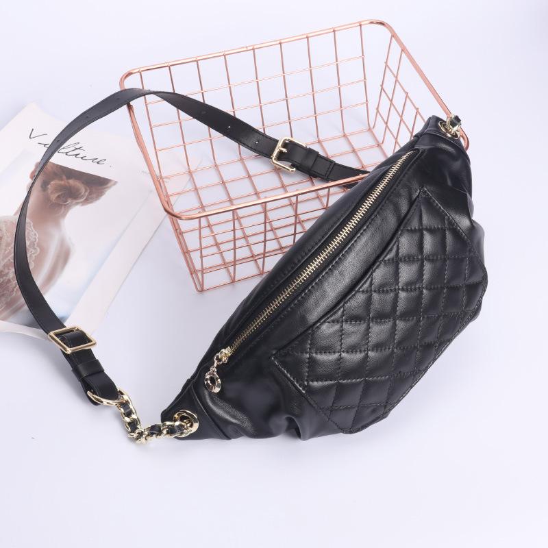 New Women's Top Layer Cowhide Shoulder Crossbody Bag, Diamond Grid Chain Waist Bag, Leather Versatile and Fashionable Soft Leather Chest Bag