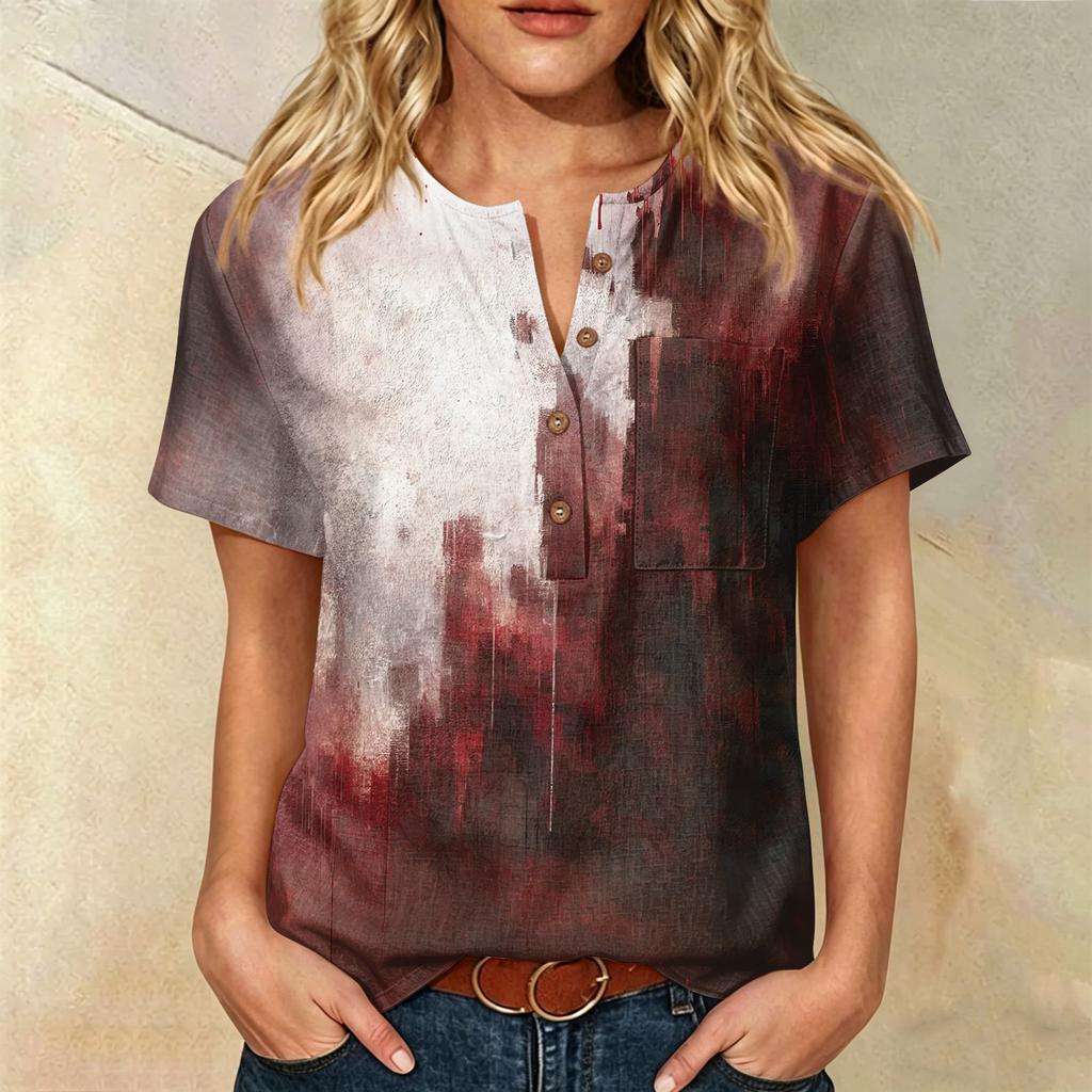 Women Casual Short Sleeve Henley Shirt with Chest Pocket Halloween Themed Graphic Print Cotton Linen Blended Fabric Relaxed Fit