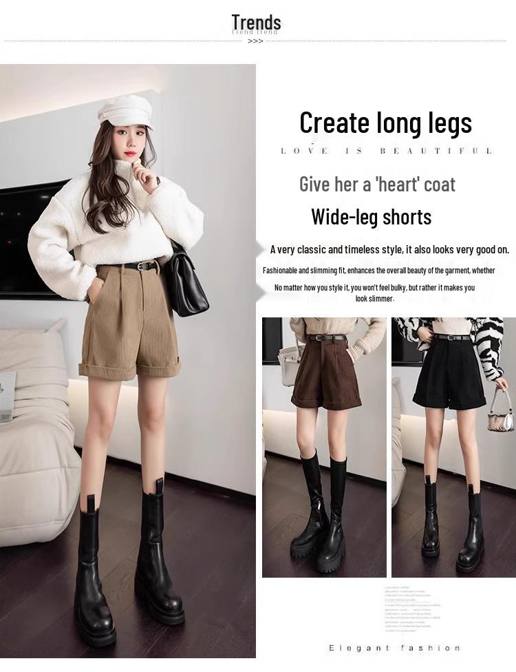Autumn/Winter 2025 Women's Khaki Corduroy Wide-Leg A-Line Shorts - Korean Style Fashion