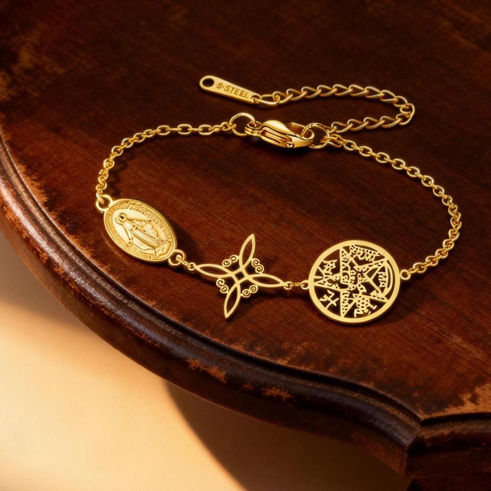 Stainless Steel Triple Protection Bracelet Witch Knot Virgin Mary Pentagram Tetragrammaton Three Types Amulet Jewelry for Women