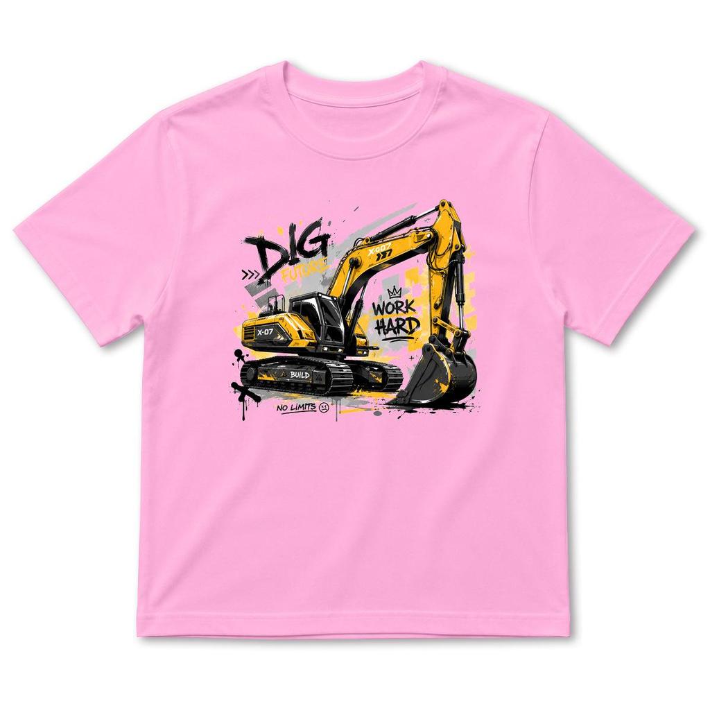 Summer Boys' Cartoon Excavator Cotton T-Shirt, Short Sleeve, Breathable Casual Layer