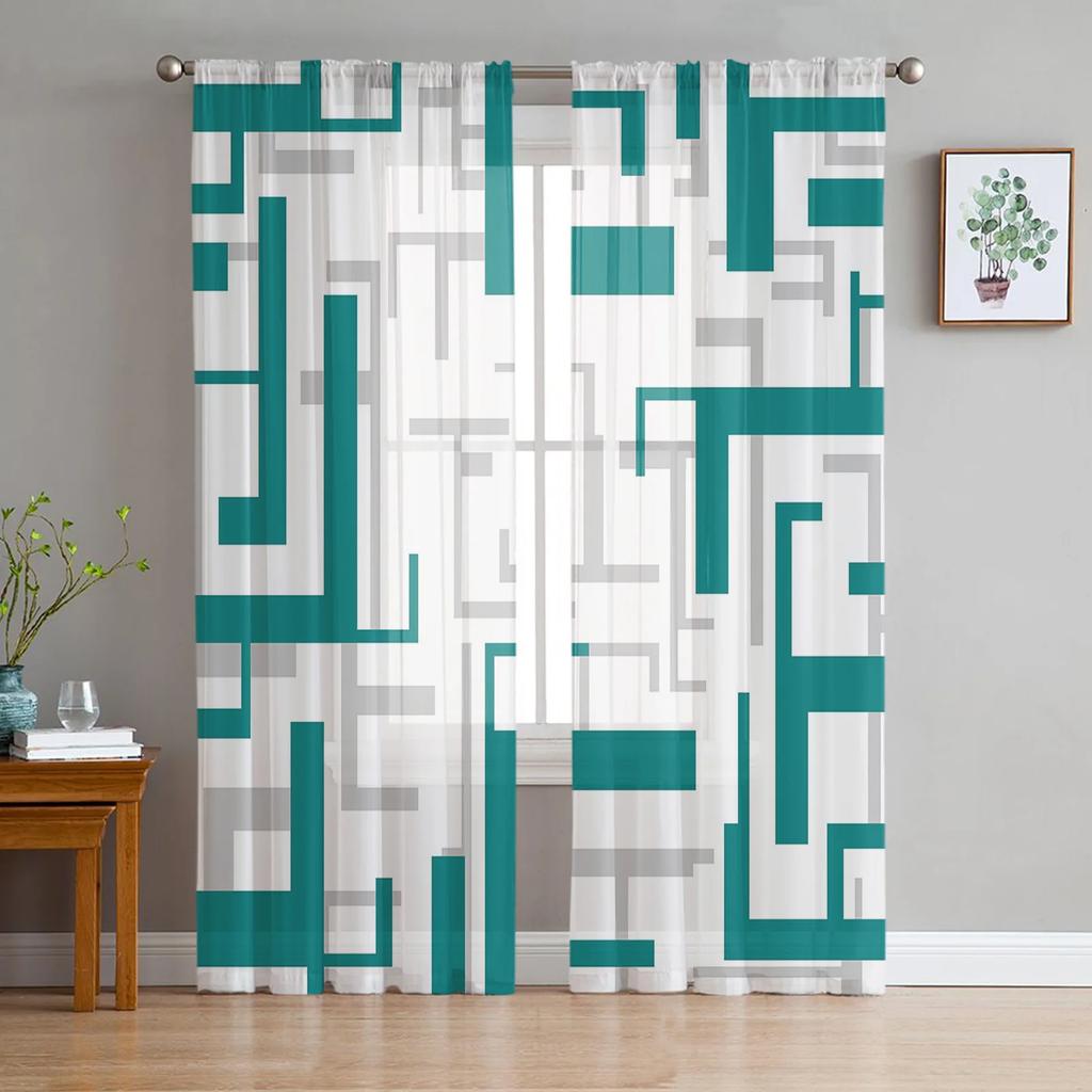 Luxury Art Geometry Yellow Grey Curtains Living Room Printed Tulle Window Curtain Home Balcony Decor Drapes Light Filtering For Area Made Of Polyester