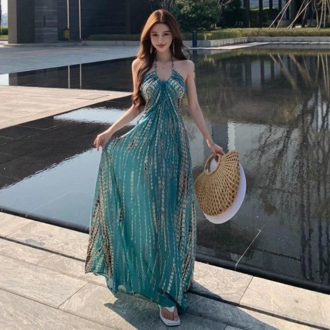 Thai neck sling dress female sexy backless seaside travel vacation photo skirt temperament beach dress