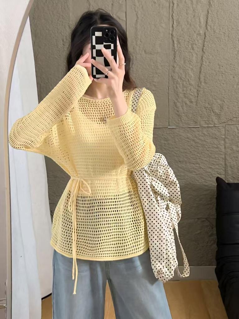 Design Knitted Long Sleeve Hollow Knitted Sweater Loose Top Lazy Round Neck Sunscreen Hoodie
