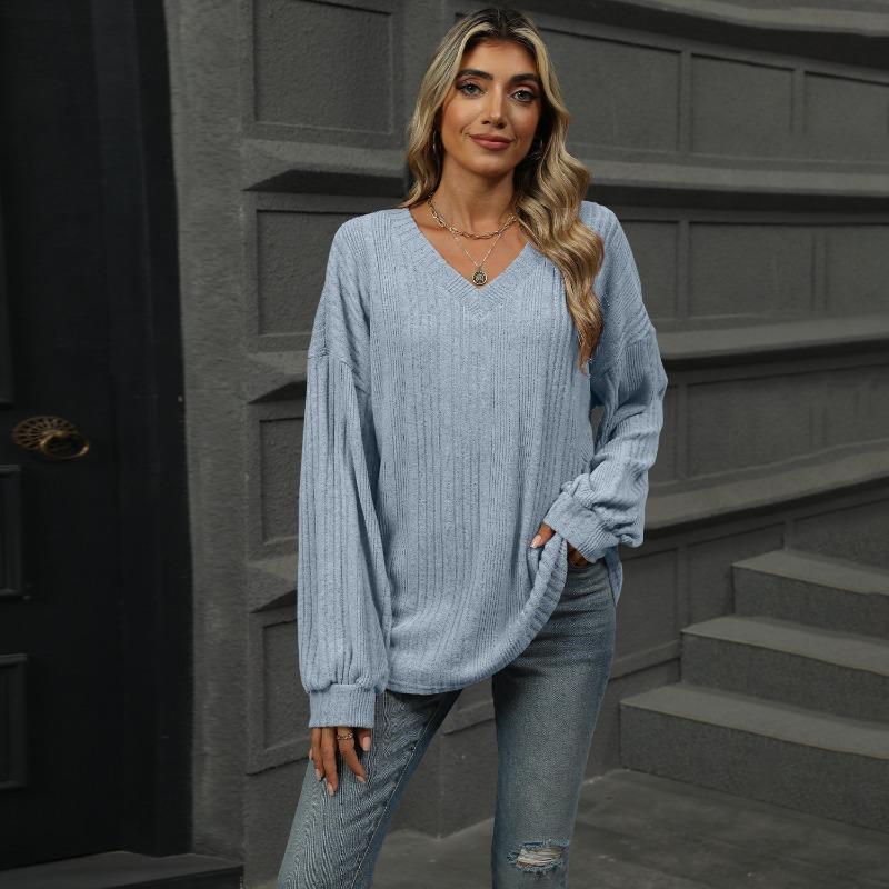 Autumn and Winter V-neck Loose Casual Long Sleeved T-shirt Women Fashion Elegant Simple New Solid Color Top Office Shirt Women's Clothing