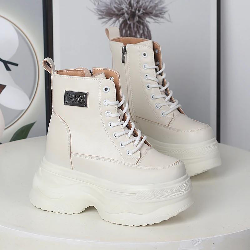 Fashion 12CM Microfiber Genuine Ankle Booties Chimney Shoes Genuine Leather Zipper Boots Women Autumn Motorcycle Spring Fashion