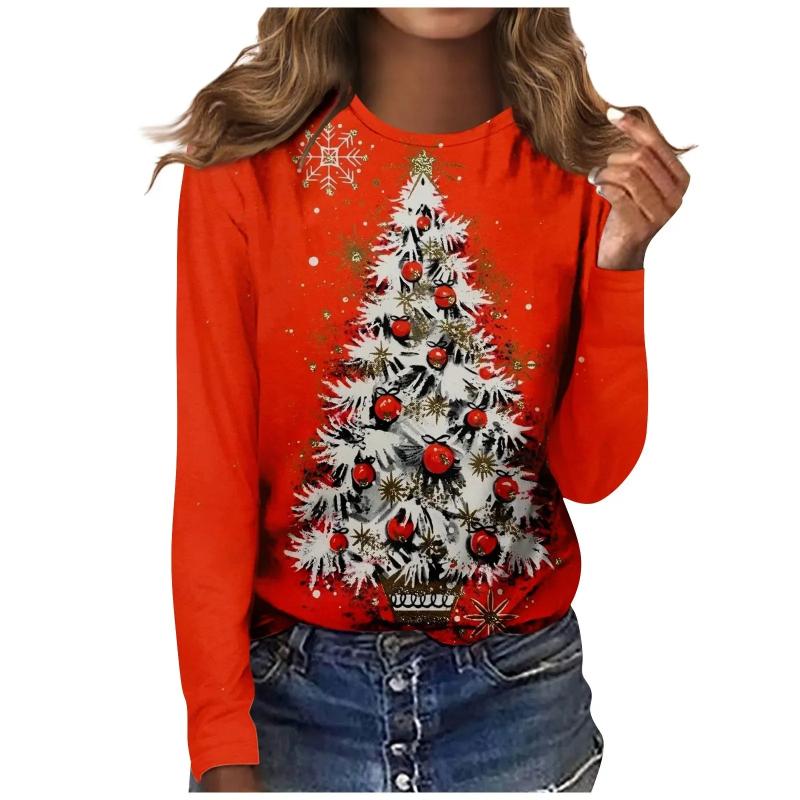 Fashion Women's Crew Neck Long Sleeve 3D Casual Color Printing Casual Long Sleeve Crew Neck T-Shirt