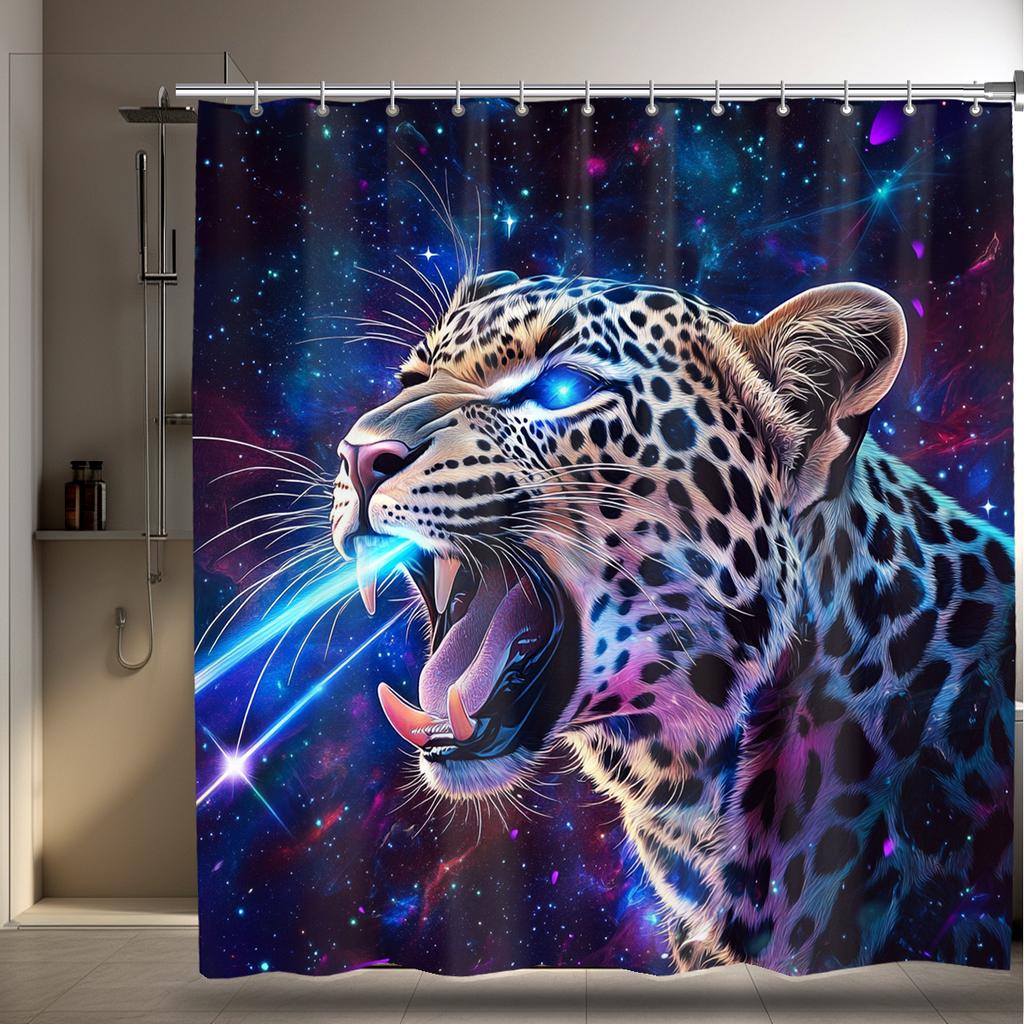 1 JAGUAR digital printed shower curtain, bright colors, machinewashable, cosmic themed bathroom decor, suitable for all seasons