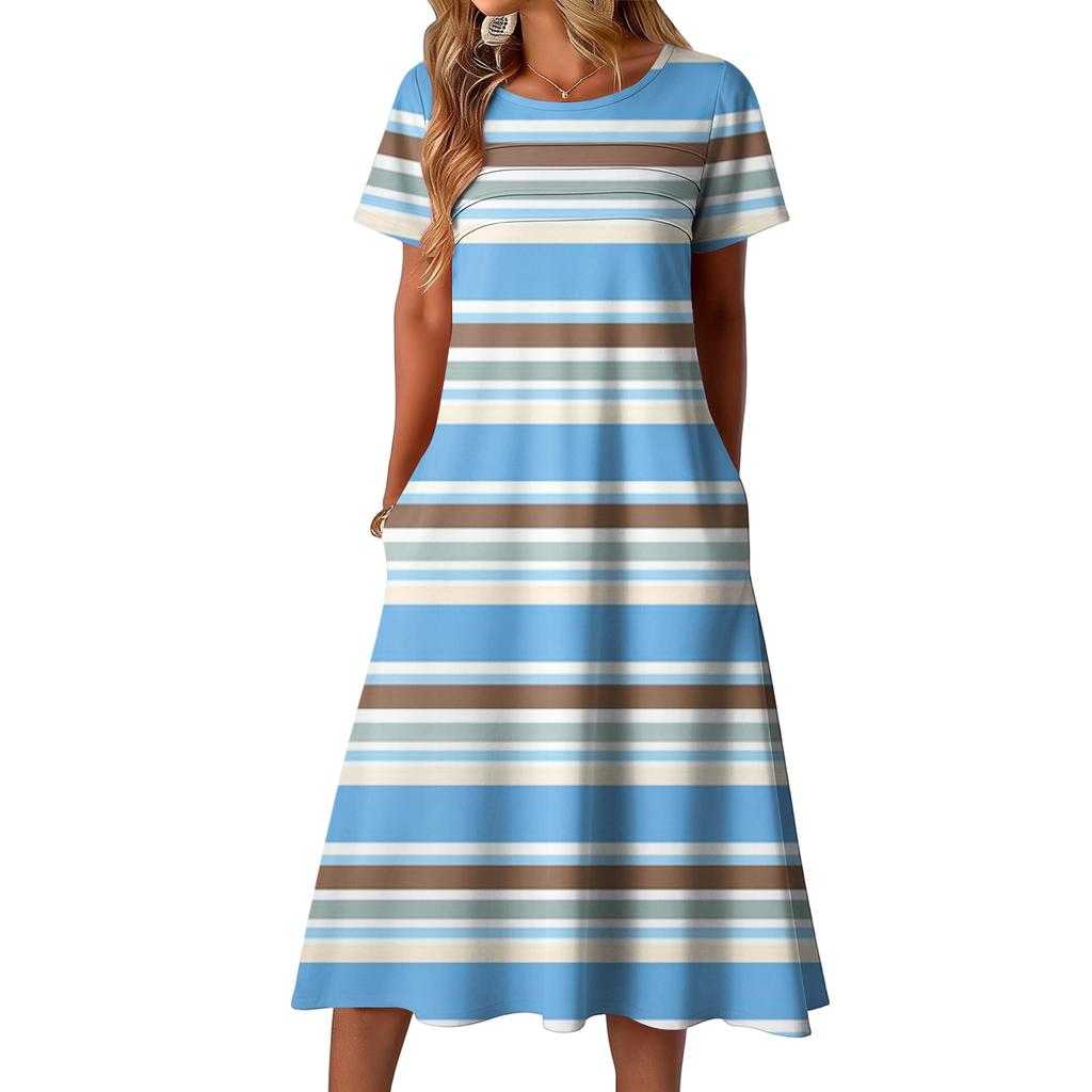 Ladies' striped printed casual and fashionable short sleeved round neck dress