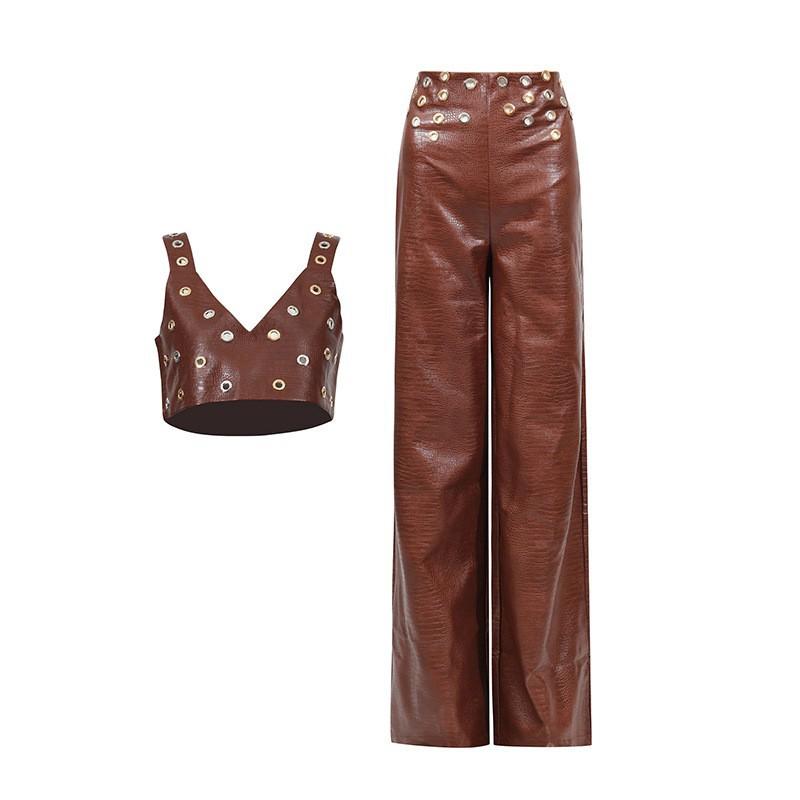 

Fashionable Style Sexy Hollow Out Suit Metal-decorated PU Leather Short Top + High-waist Trousers L коричневий